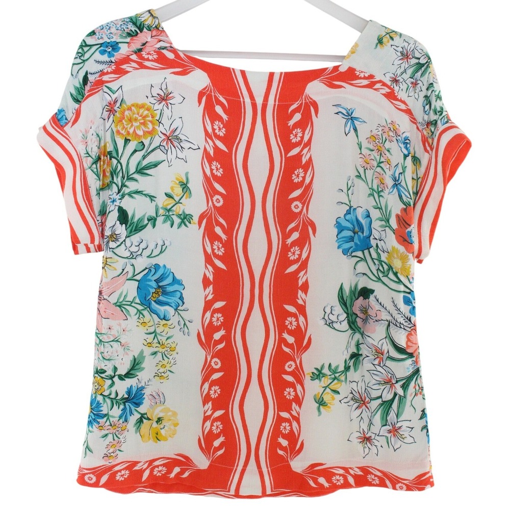 Maeve Anthropologie Floral Border Print Blouse Small White Red Short Sleeve Top
